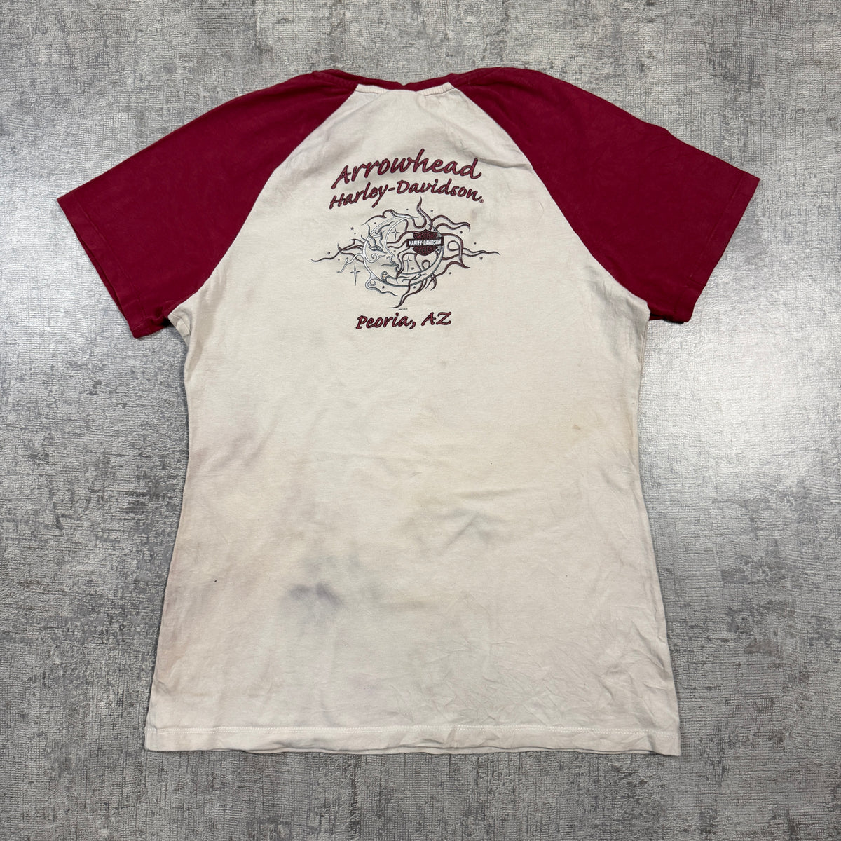 Harley Davidson Womens Y2K Ringer Tee Size M Cream Maroon Skull Graphic               -I42