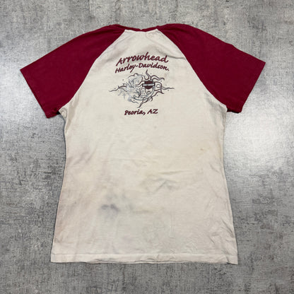 Harley Davidson Womens Y2K Ringer Tee Size M Cream Maroon Skull Graphic               -I42
