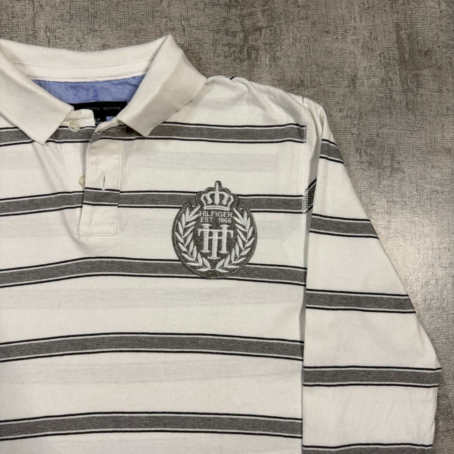 Tommy Hilfiger Crest Logo Long Sleeve Polo Shirt Size S Mens White/ Grey                        -I66