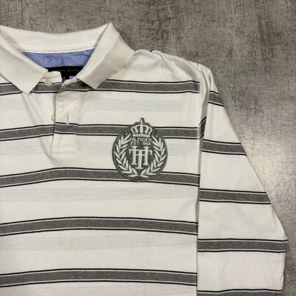 Tommy Hilfiger Crest Logo Long Sleeve Polo Shirt Size S Mens White/ Grey                        -I66