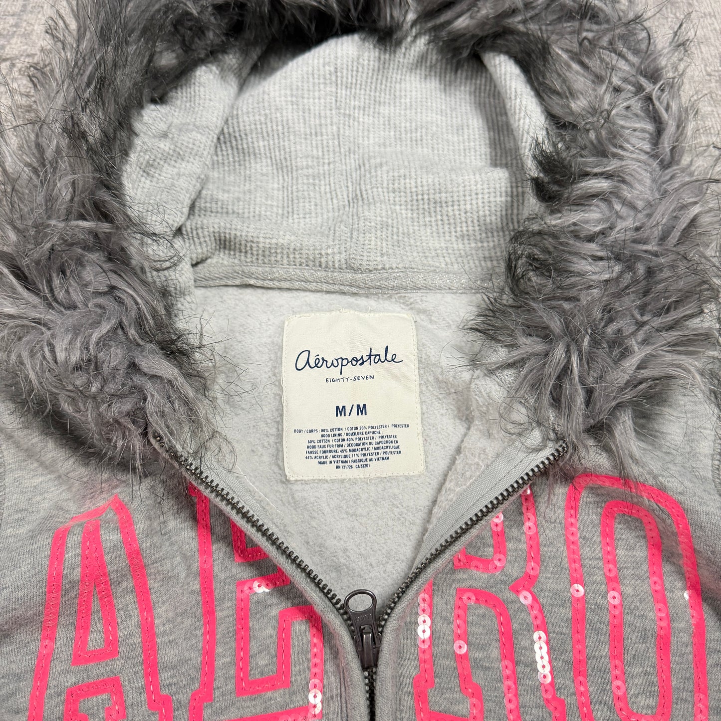 Aeropostale Y2K Womens Fur Hooded Zip Jacket Size M Grey Pink                -D31