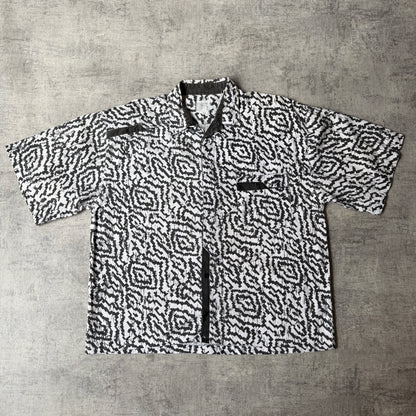 Vintage Mens Cropped Button Up White Black Size Fits L Geometric Pattern          -H2