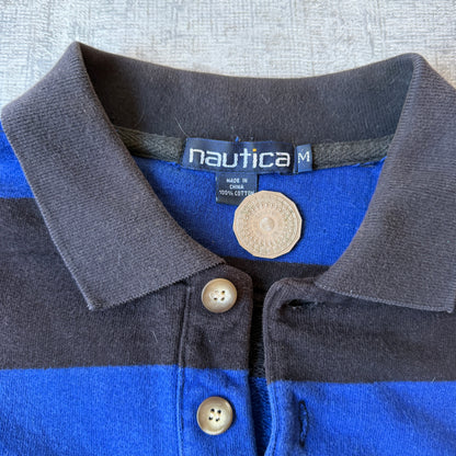 Nautica Y2K Polo Shirt Size M Mens Black Blue Striped Top      -H39