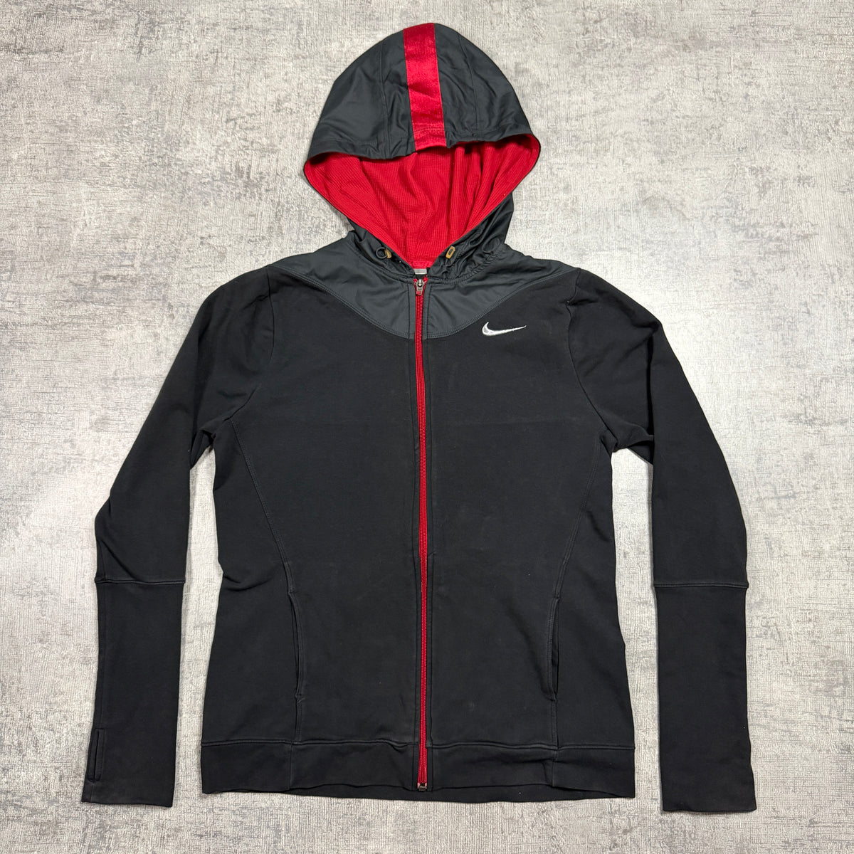Nike Y2K Womens Hooded Track Jacket Size L Black Red Full Zip                -D24