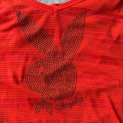 Playboy Y2K Womens Top Size L Orange Studded V-Neck Striped Tee            -B24