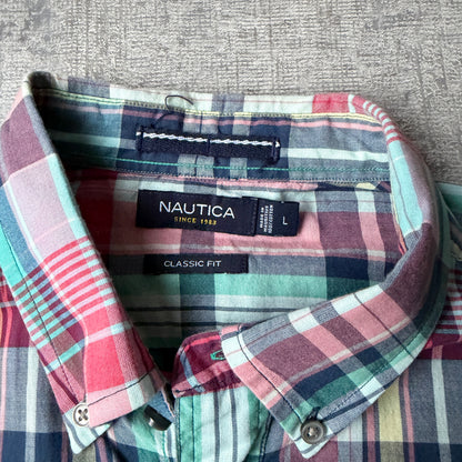 Nautica Y2K Plaid Cropped Button Up Shirt Size L Mens Boxy Fit                -G13