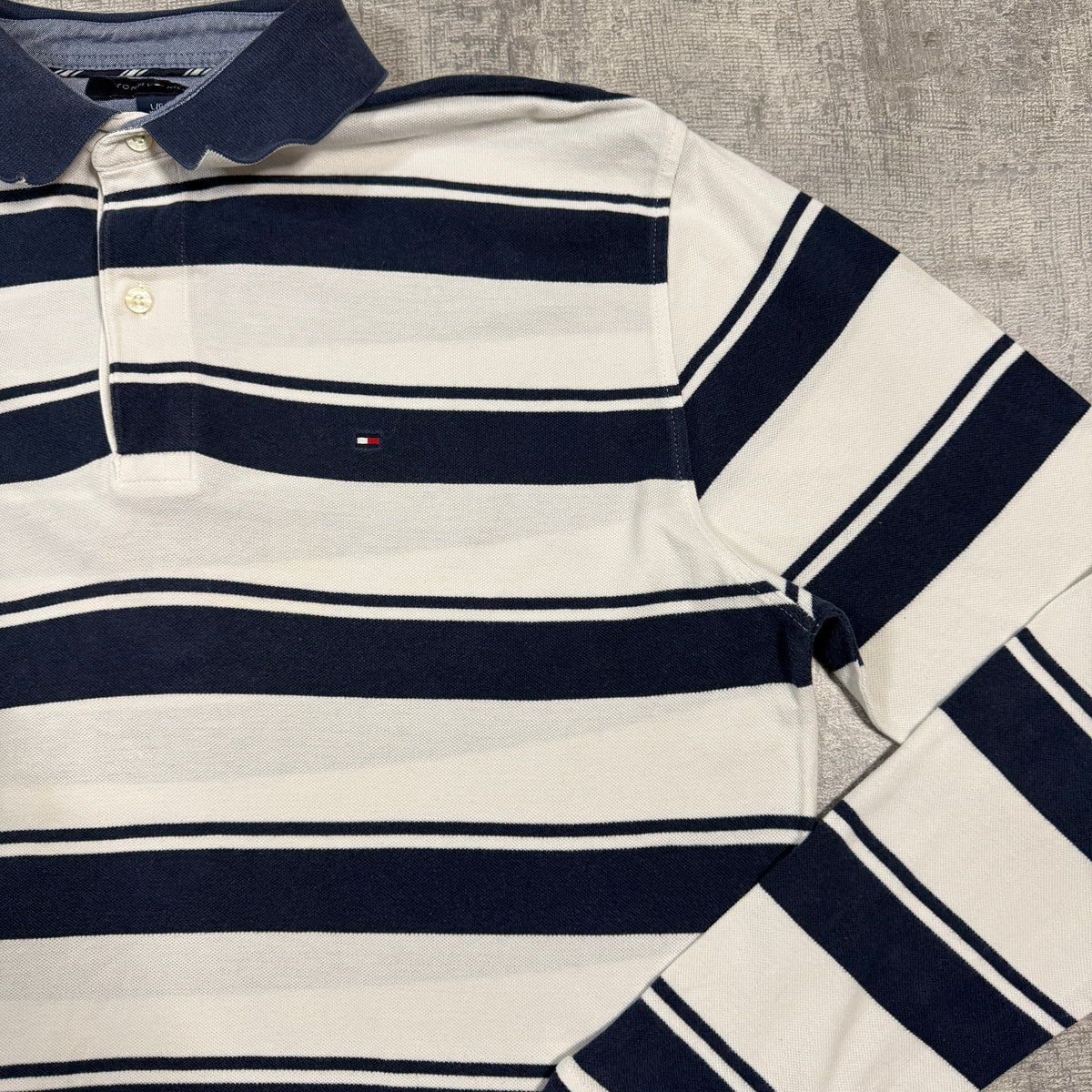 Tommy Hilfiger Men’s Long Sleeve Striped Polo Shirt Size L Mens White/ Navy                         -I65