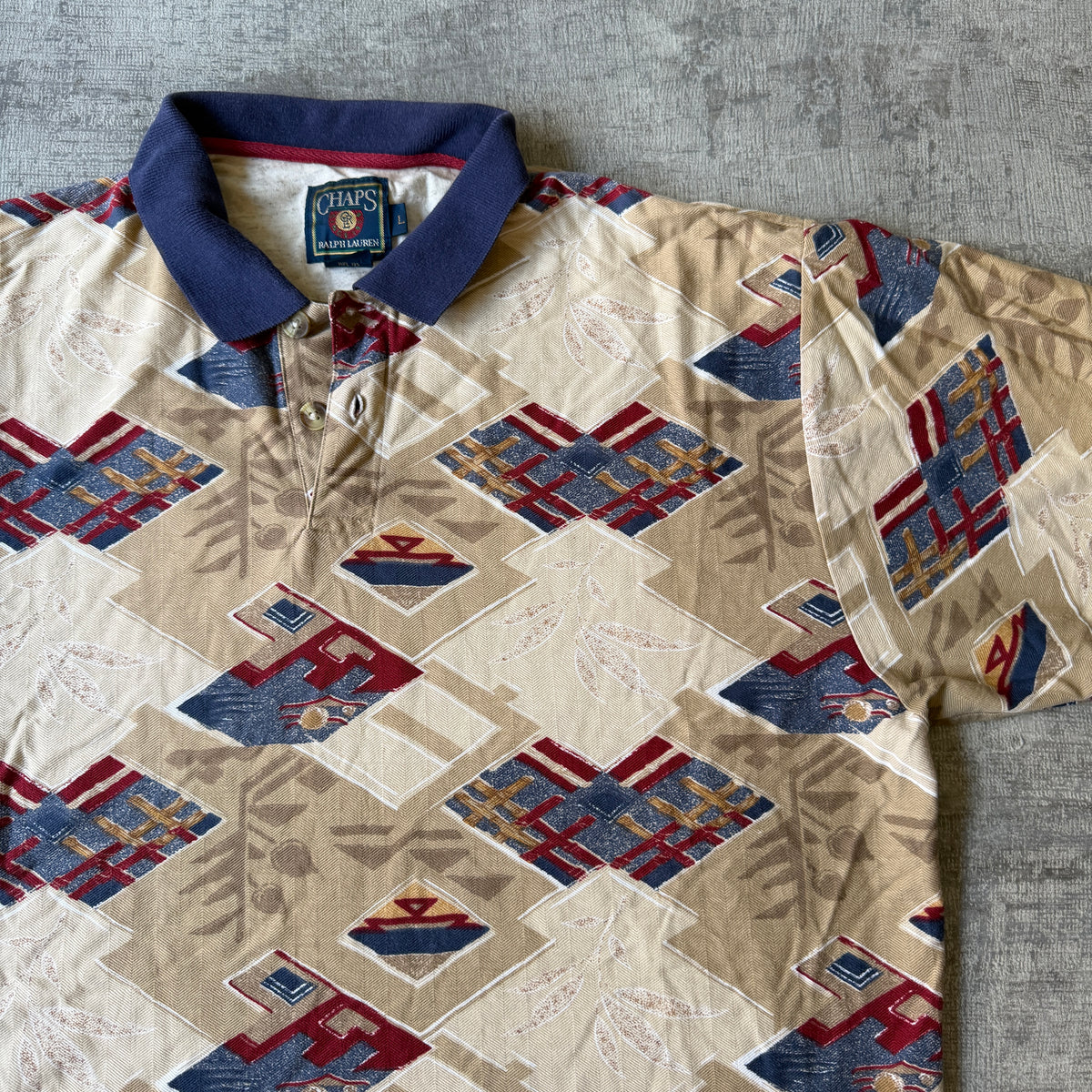 Chaps Ralph Lauren Vintage Polo Shirt Size L Mens Beige/ Navy    -A6