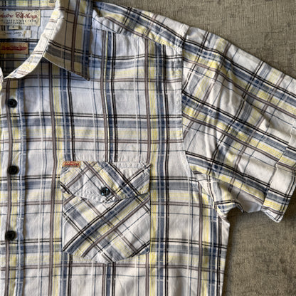 Industrie Cropped Button Up Shirt White Yellow Plaid Size L Mens           -A64