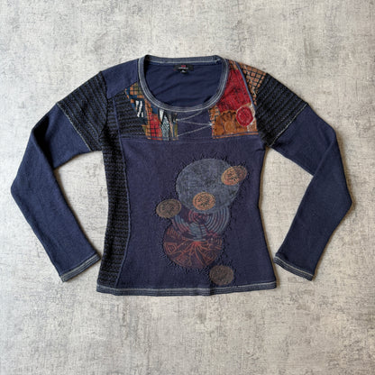 Carlopik Womens Navy Y2K Embroidered Long Sleeve Top Size 42 Fits S-M           -H55