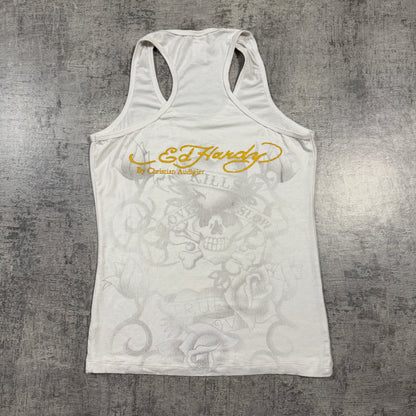 Ed Hardy Women’s Y2K Bejeweled Tiger Tank Top Size S White Singlet          -I52