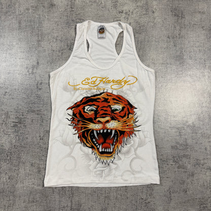 Ed Hardy Women’s Y2K Bejeweled Tiger Tank Top Size S White Singlet          -I52