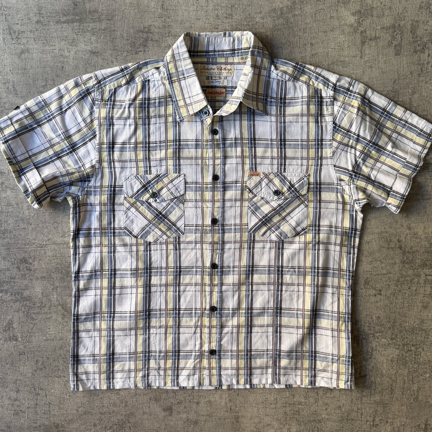 Industrie Cropped Button Up Shirt White Yellow Plaid Size L Mens           -A64