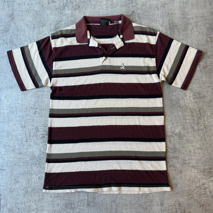 Ocean Edge Mens Y2K Knitted Polo Shirt Size L Striped Maroon Cream     -H40