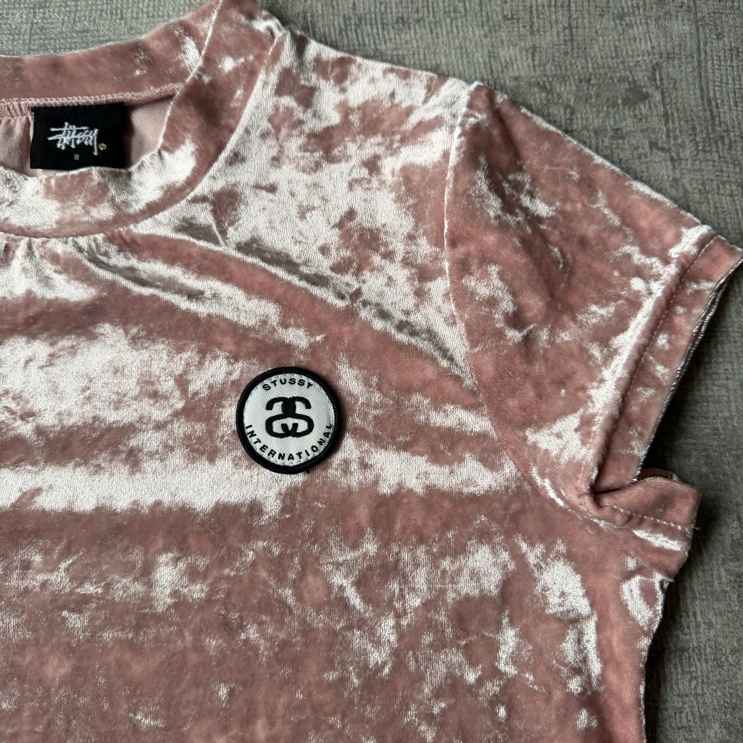 Stussy Y2K Pink Velour Top Size 8 Womens Baby Tee               -F53
