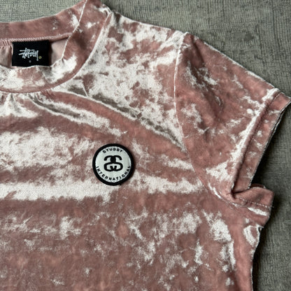 Stussy Y2K Pink Velour Top Size 8 Womens Baby Tee               -F53