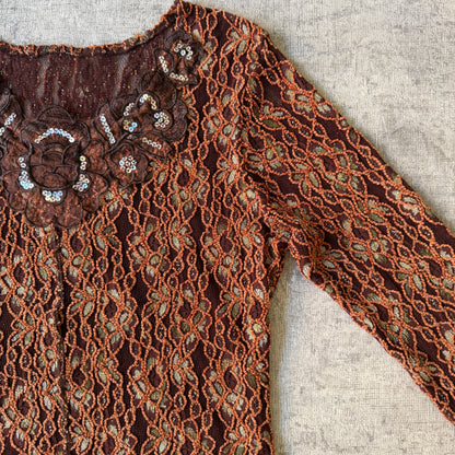 Womens Y2K Brown Lace Blouse Top Fits Size M Womens                     -E53