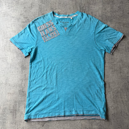 GUESS Y2K Graphic T-Shirt Blue Grey V-Neck Top Size M Mens        -B11