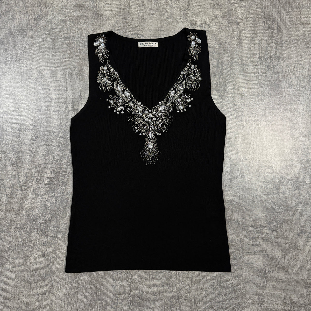 Chelsea Design Womens Vintage Black Bejeweled Tank Top Size L             -I47