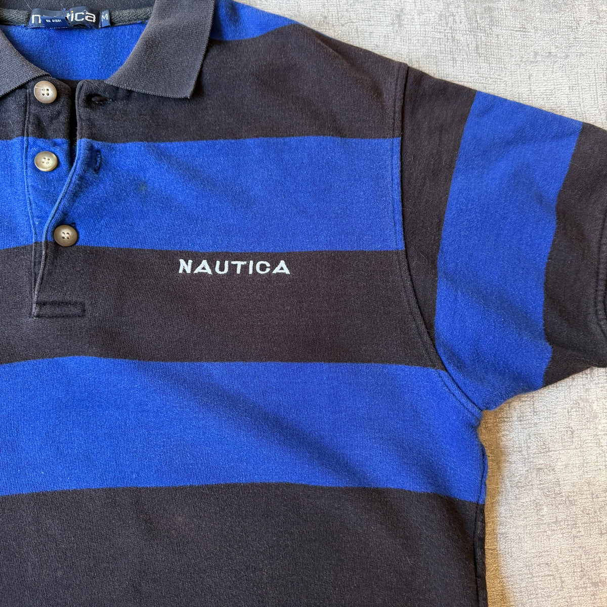 Nautica Y2K Polo Shirt Size M Mens Black Blue Striped Top      -H39