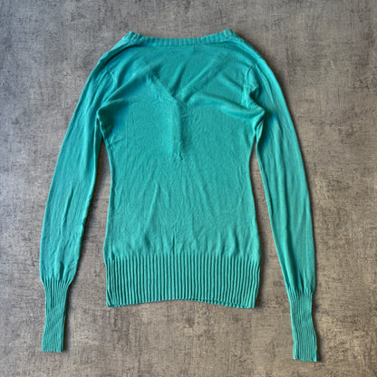 Billabong Womens Y2K Blue Jumper Size 12 V-Neck Script Logo                -C63
