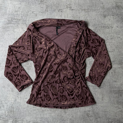 Juo Womens Y2K Brown Floral Velour Top Size L Fitted 3/4 Sleeve            -A59