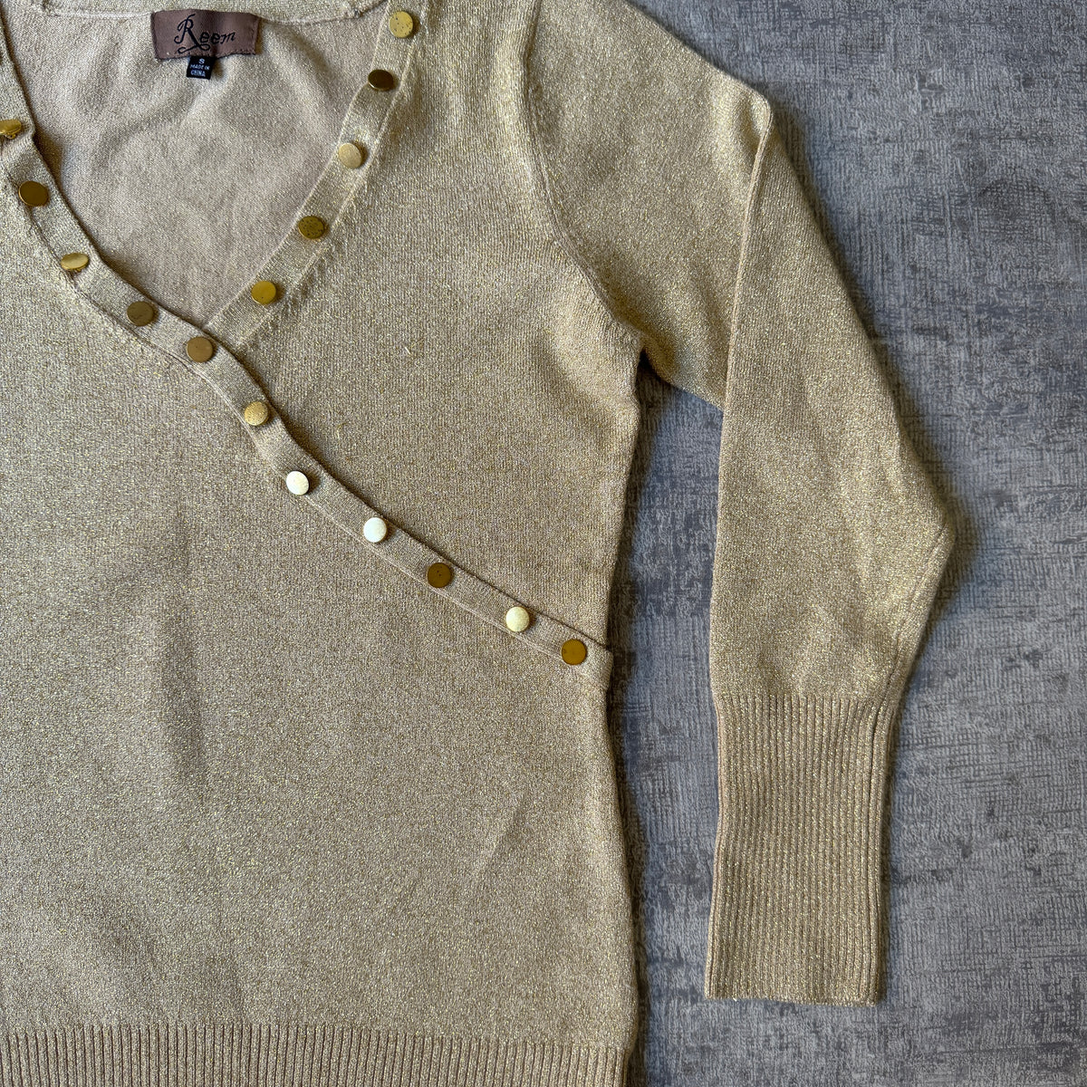 Reem Womens Y2K Gold V-Neck Blouse Top Size S Long Sleeve                   -E54