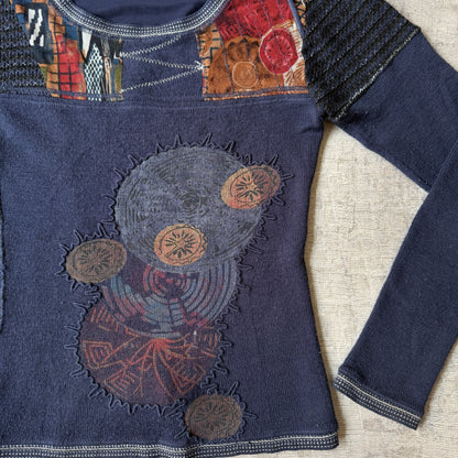 Carlopik Womens Navy Y2K Embroidered Long Sleeve Top Size 42 Fits S-M           -H55