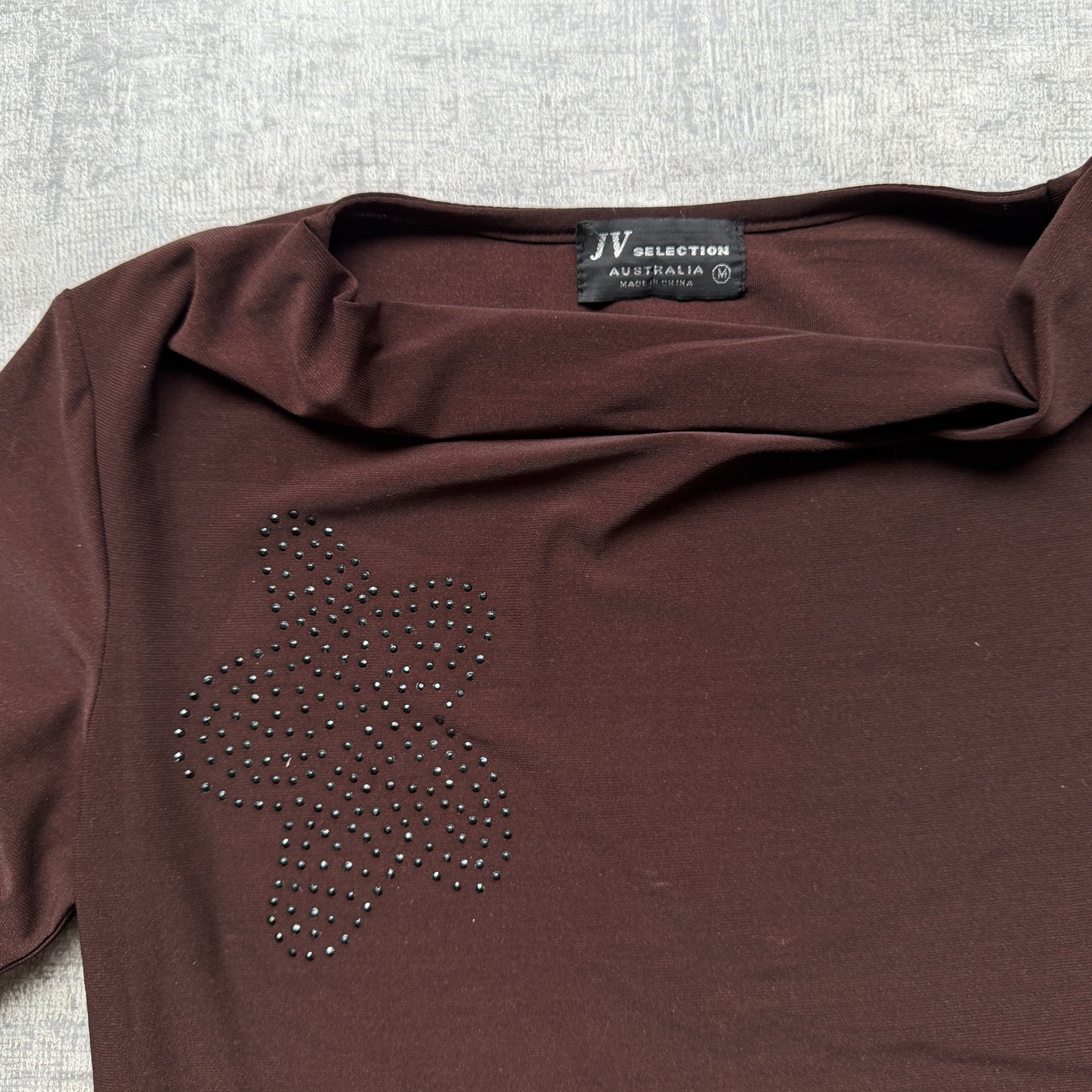 Y2K Brown Ruffle Neck Womens Top Size M Bejewelled 3/4 Sleeve        -A27