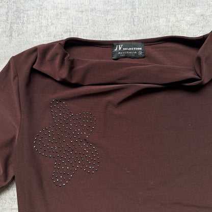 Y2K Brown Ruffle Neck Womens Top Size M Bejewelled 3/4 Sleeve        -A27
