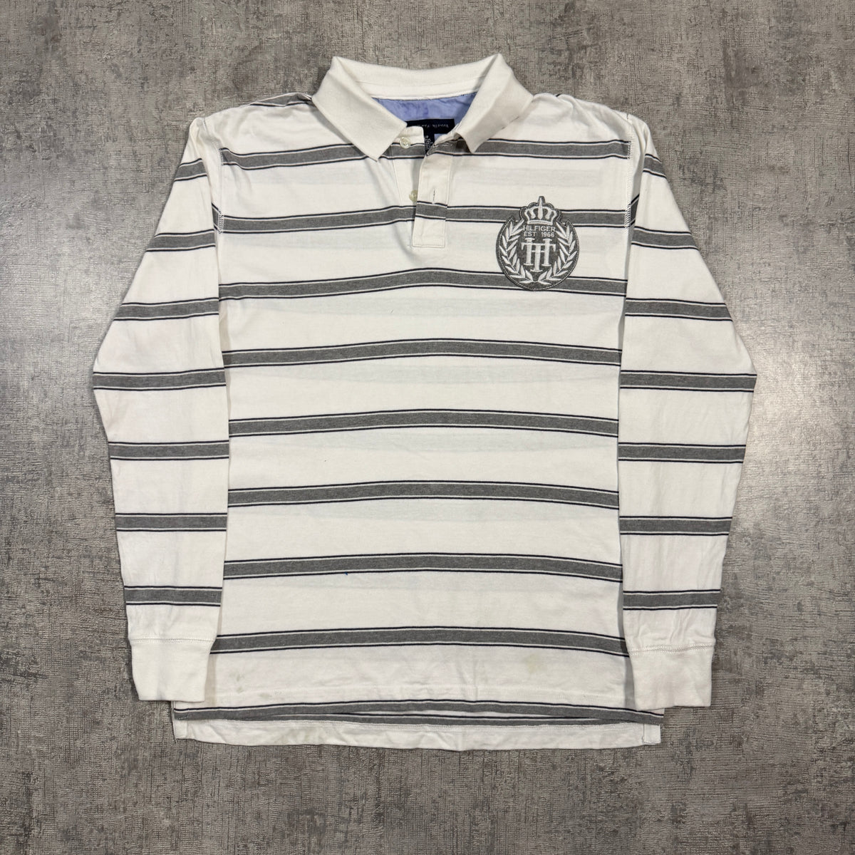 Tommy Hilfiger Crest Logo Long Sleeve Polo Shirt Size S Mens White/ Grey                        -I66
