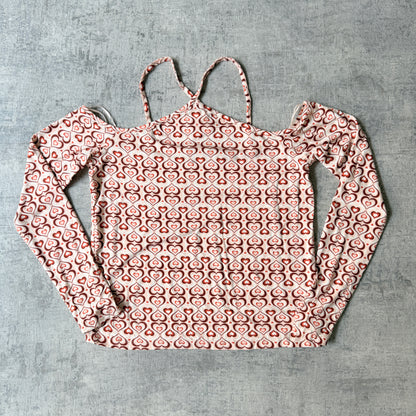 MISS SHOP Womens Y2K Off Shoulder Heart Print Long Sleeve Top Size L NWT’s                  -E56