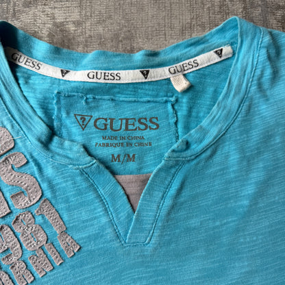 GUESS Y2K Graphic T-Shirt Blue Grey V-Neck Top Size M Mens        -B11