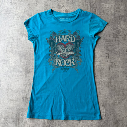 Hard Rock Saigon Womens Graphic Top Size S Teal Blue Fitted       -B21