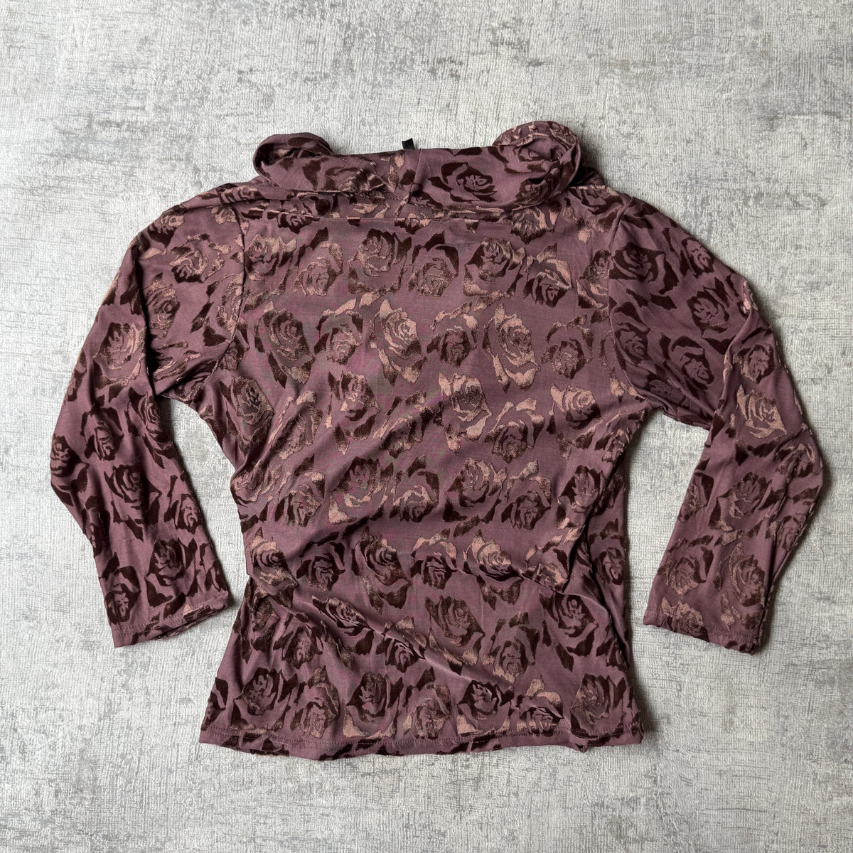 Juo Womens Y2K Brown Floral Velour Top Size L Fitted 3/4 Sleeve            -A59