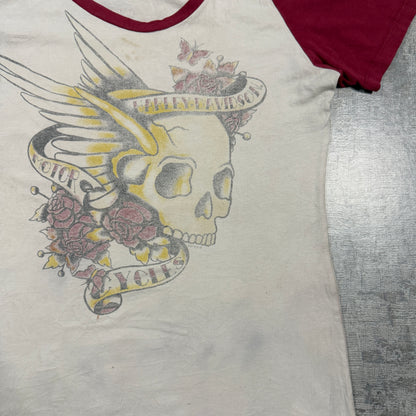 Harley Davidson Womens Y2K Ringer Tee Size M Cream Maroon Skull Graphic               -I42