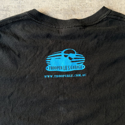 Vintage Mens Black Gildan Graphic Tee "Trooper Lu's Garage" Size L Mens               -D60