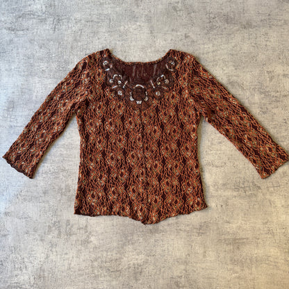 Womens Y2K Brown Lace Blouse Top Fits Size M Womens                     -E53