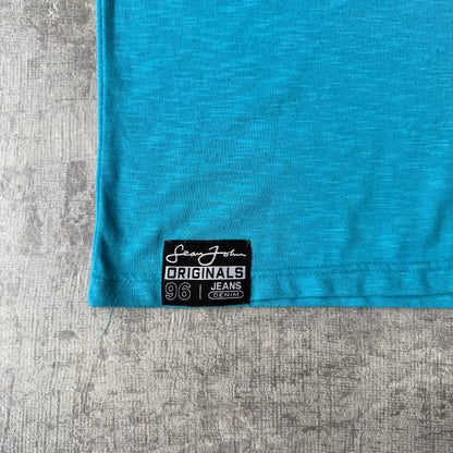 Sean John Y2K Teal Script Logo Graphic T-Shirt Size M Mens                         -E50