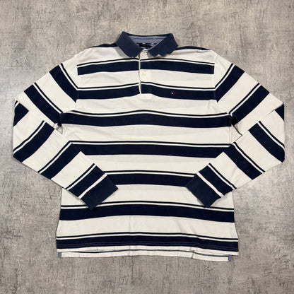 Tommy Hilfiger Men’s Long Sleeve Striped Polo Shirt Size L Mens White/ Navy                         -I65