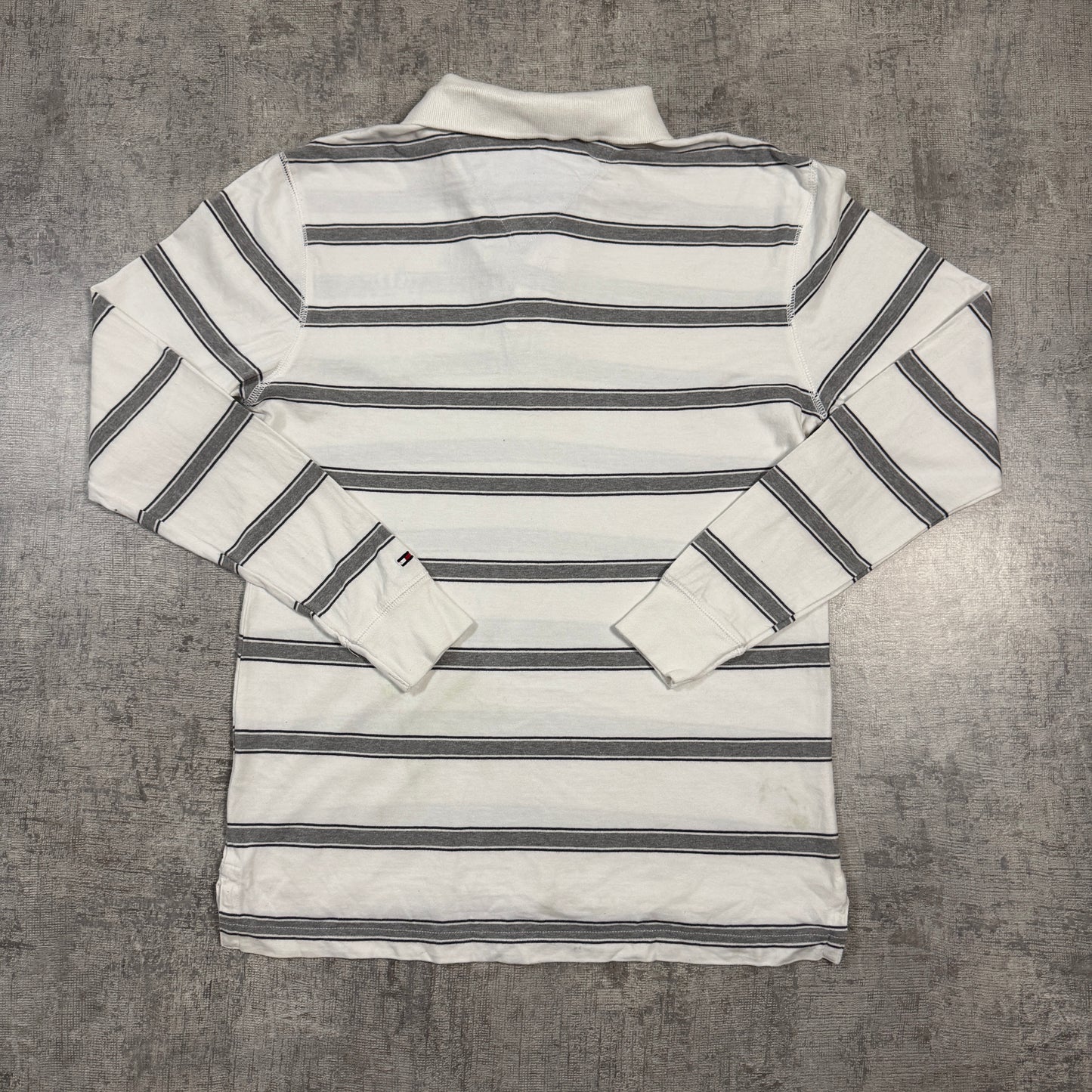 Tommy Hilfiger Crest Logo Long Sleeve Polo Shirt Size S Mens White/ Grey                        -I66