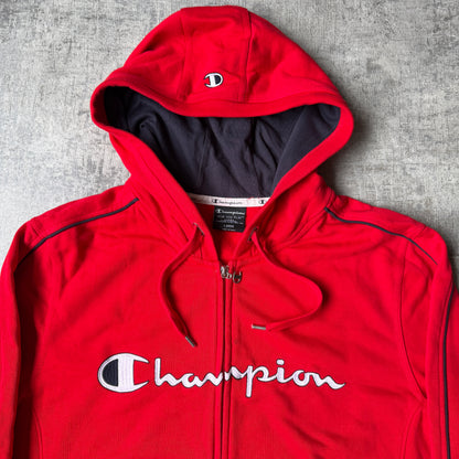 Champion Y2K Red Zip Hoodie Size L Full Zip Script Logo Graphic         -G26