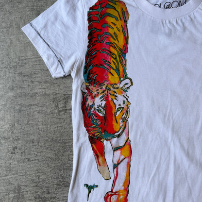 Volcom x Matt French Womens White Y2K Tiger Graphic T-Shirt Size S Long Line       -H68