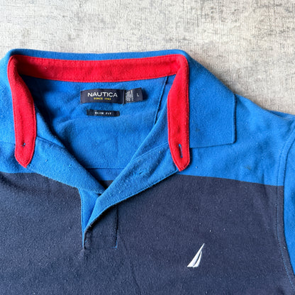 Nautica Y2K Mens Striped Polo Shirt Size L Mens Blue Red          -D52