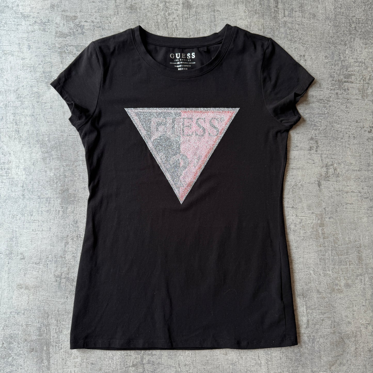 GUESS Womens Y2K Sparkle Top Size M Womens Black Fitted Tee           -B27