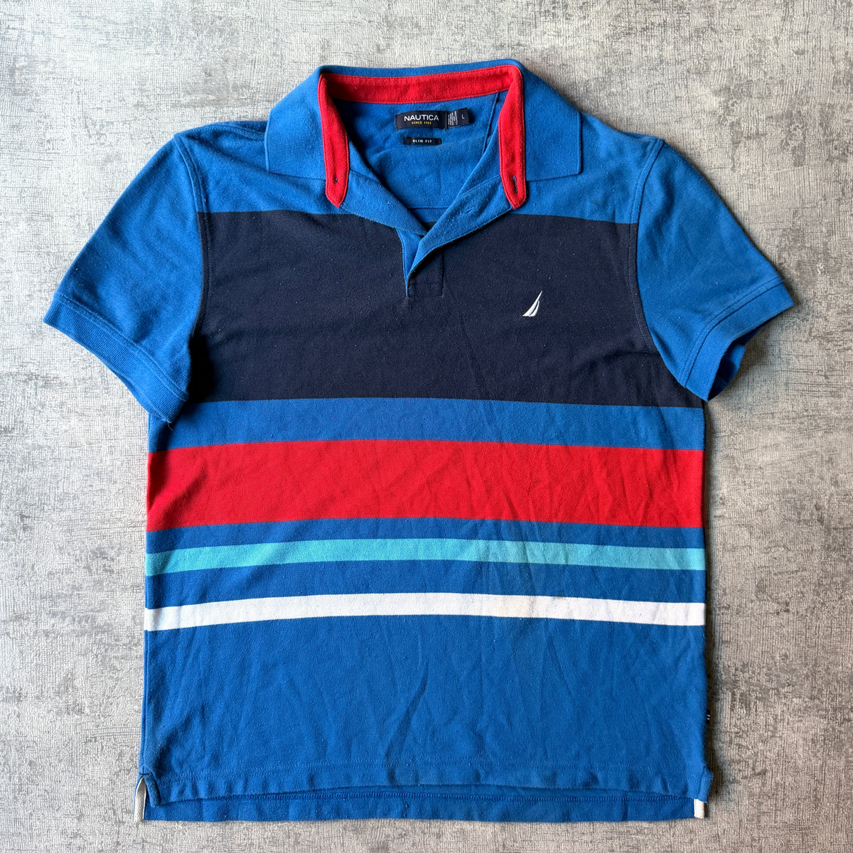 Nautica Y2K Mens Striped Polo Shirt Size L Mens Blue Red          -D52