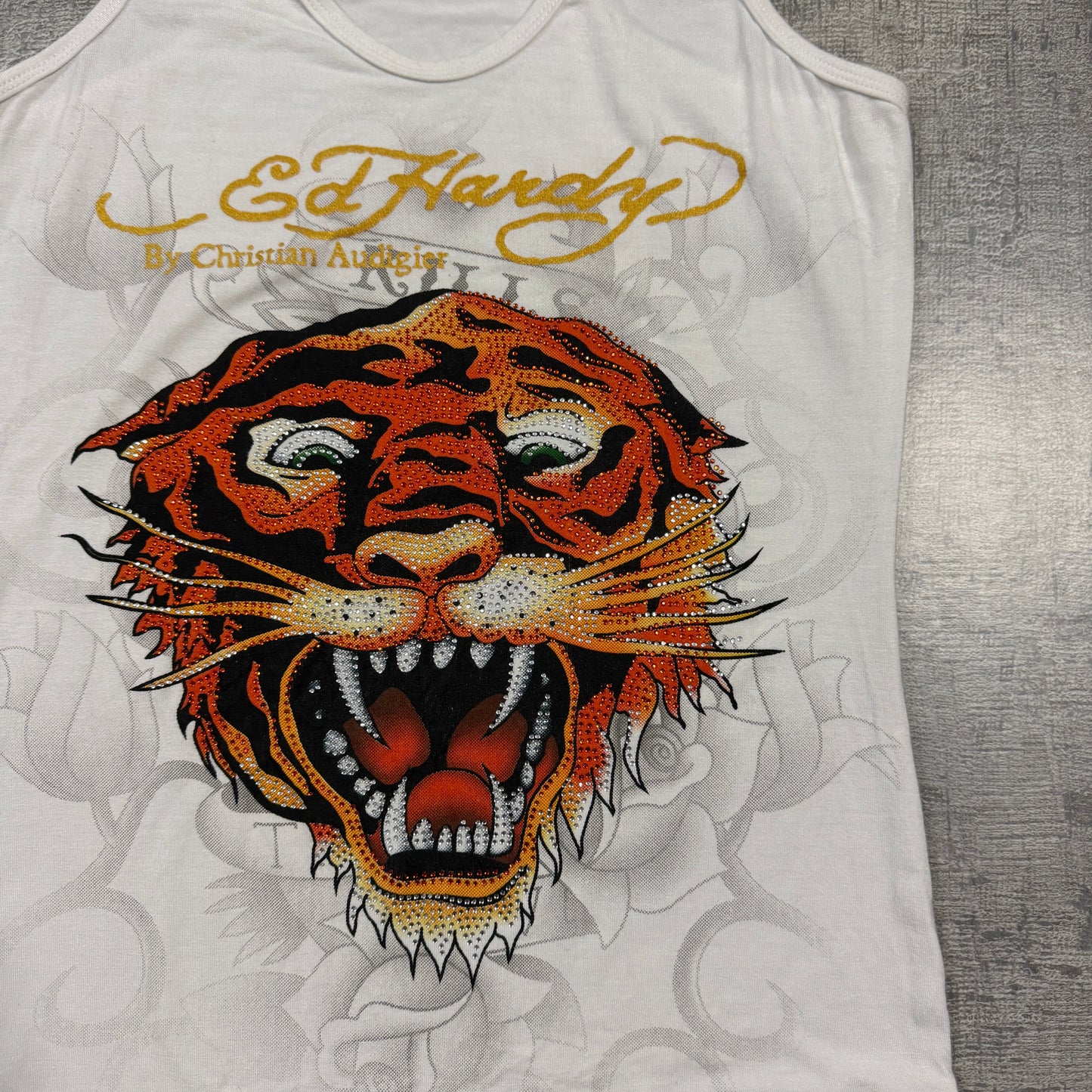 Ed Hardy Women’s Y2K Bejeweled Tiger Tank Top Size S White Singlet          -I52