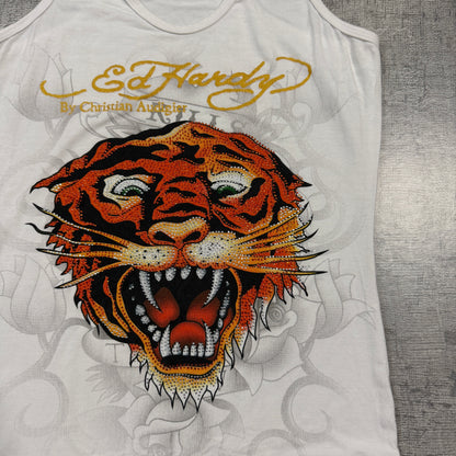 Ed Hardy Women’s Y2K Bejeweled Tiger Tank Top Size S White Singlet          -I52
