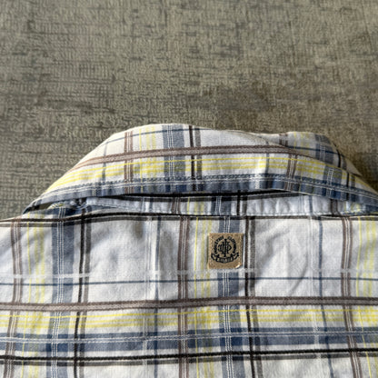 Industrie Cropped Button Up Shirt White Yellow Plaid Size L Mens           -A64