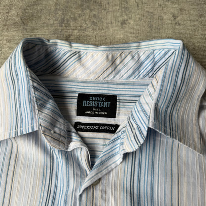 Shock Resistant Vintage Cropped Button Up Size L White Blue Striped       -B5